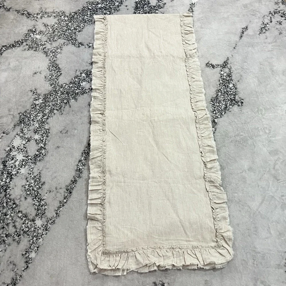 Pure Luxury Linen Ruffle Table Runner Natural Beige 100% Linen Cotton Back 19x70